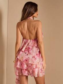 SHEIN BAE 优雅浅粉色印花荷叶边雪纺露背迷你裙，适合音乐节和演唱会，春夏穿着。 - 淺粉色 - 查看 2