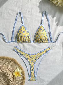 Swim Mod Strawberry Print Spaghetti Strap Triangle Cup High Cut Bottoms Bikini Set, Sweet Beach Vacation - Multicolor - View 2