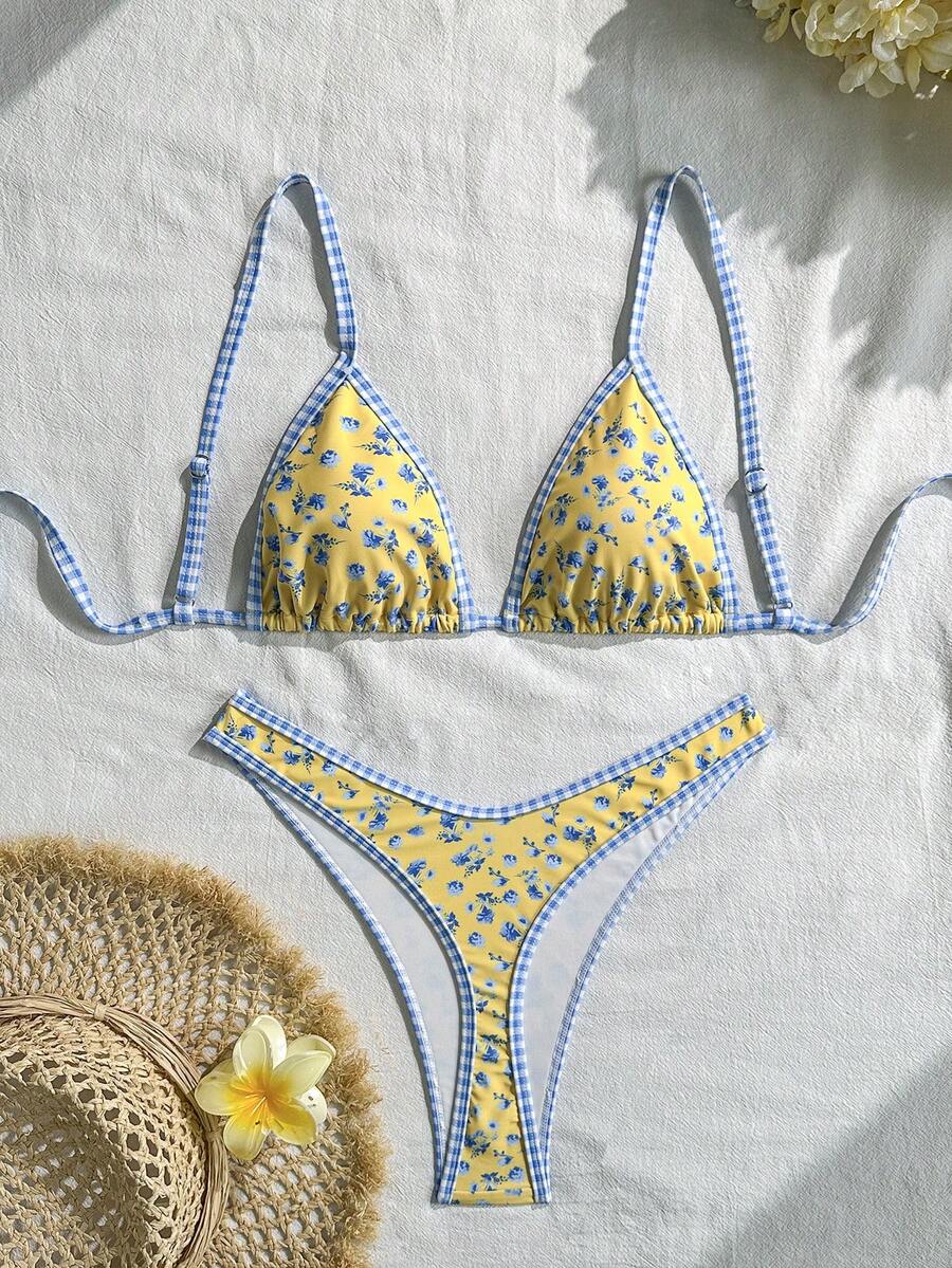 Swim Mod 草莓印花细肩带三角杯高衩比基尼套装，甜蜜海滩度假 - 彩色 - 查看 1