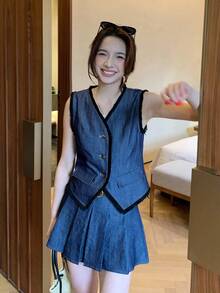 DAZY Bộ đồ thời trang nữ gồm áo vest và chân váy denim không tay, thêu tua rua, nhuộm tie-dye, có tua rua. - Màu xanh lam - Xem 4