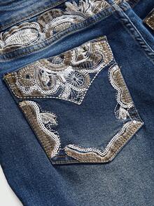 ROMWE Grunge Punk Y2K Retro Cashew Flower Embroidery Slim Fit Flare Leg Women Jeans - Blue - View 3