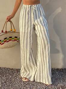 DAZY Women's Casual Striped Drawstring Waist Pants - Black and White - View 3