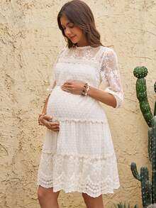Boho Mama Maternity Embroidered Mesh Petal Sleeve Elegant Dress - Apricot - View 4