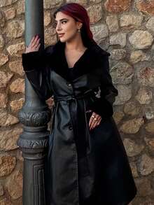 Bearsaez 女士休闲长款蓬松 PU 皮革拼接风衣，秋季 - 黑色 - 查看 4