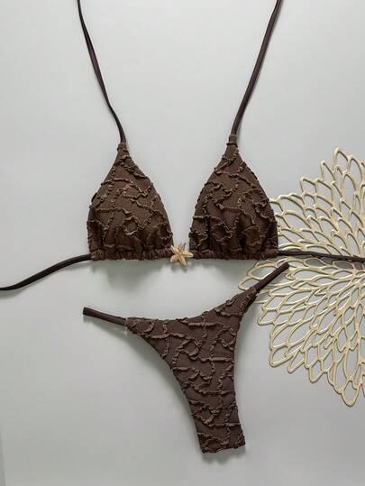  Bộ bikini hai mảnh Swim Mod mùa hè, đi biển, chất liệu vải trơn có họa tiết sao biển vàng, kiểu buộc dây cổ, gợi cảm.