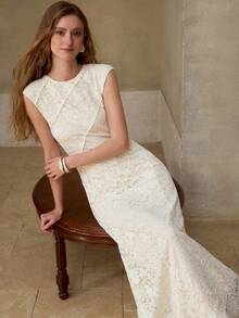 MOTF PREMIUM WOMEN'S ROMANTIC LACE STRUCTURED LONG DRESS, SPRING/SUMMER - Apricot - View 1
