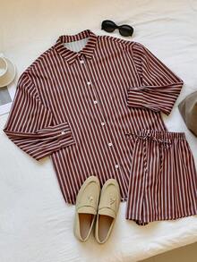 SHEIN Muchic Bộ 2 món quần short dài tay dệt sọc màu cà phê dành cho nữ - màu nâu - Xem 4