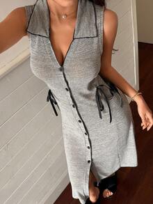 Lazeform Grey Lapel Single-Breasted Sleeveless Bow Tie Decor Women's Housedress - Grey - View 6