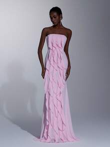 Elitara Đầm maxi cúp ngực thanh lịch, lãng mạn, chất liệu chiffon dệt đính ngọc trai, xếp lớp bồng bềnh, dáng đuôi cá, thích hợp cho các lễ hội, đám cưới, dạ hội, hòa nhạc, sự kiện kinh doanh, và các dịp dành cho người nổi tiếng trên mạng xã hội. - Hồng - Xem 5