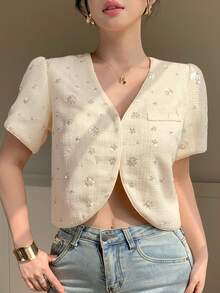 DAZY Women's Elegant Sequin V-Neck Faux Pocket Petal Sleeve Blazer Jacket, Summer - Beige - View 10