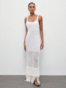 Maija Women's White Sleeveless Knit Dress Graduation Holiday Outfits Casual Beach Tighten The Waist Beach Dress Summer Dress Festival Dresses Elegant  Holiday Outfits - White - View 4