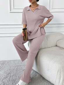 EURMUSE Cotton Two Pieces Set Polo Neck Top And Pant Set Rib Knit Fabric - Baby Pink - View 3