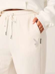 Missguided x Playboy 女士奶油色水钻兔子烫钻慢跑运动裤 高腰抽绳休闲家居裤 带侧袋 - 白色 - 查看 4