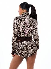 BABYPHAT Women's Casual Chic Street Style Leopard Print Letter Embroidery Zip-Up Cropped Sweatshirt, Suitable For Spring And Autumn Daily Commute - Brown - View 2