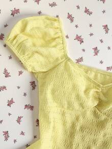Elamini Yellow Knitted Jacquard Ruched Fabric Square Neck Puff Sleeve Fitted T-Shirt For Women, Spring/Summer , Resort, Boho Romantic, Elegant, Minimalist, Versatile For Dates & Everyday Wear - Yellow - View 5