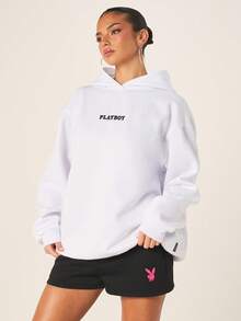 Missguided x Playboy Gaun Mini Hoodie Putih Lengan Panjang dengan Tali Serut untuk Gaya Streetwear Kasual Musim Gugur dan Musim Dingin - Putih - View 4
