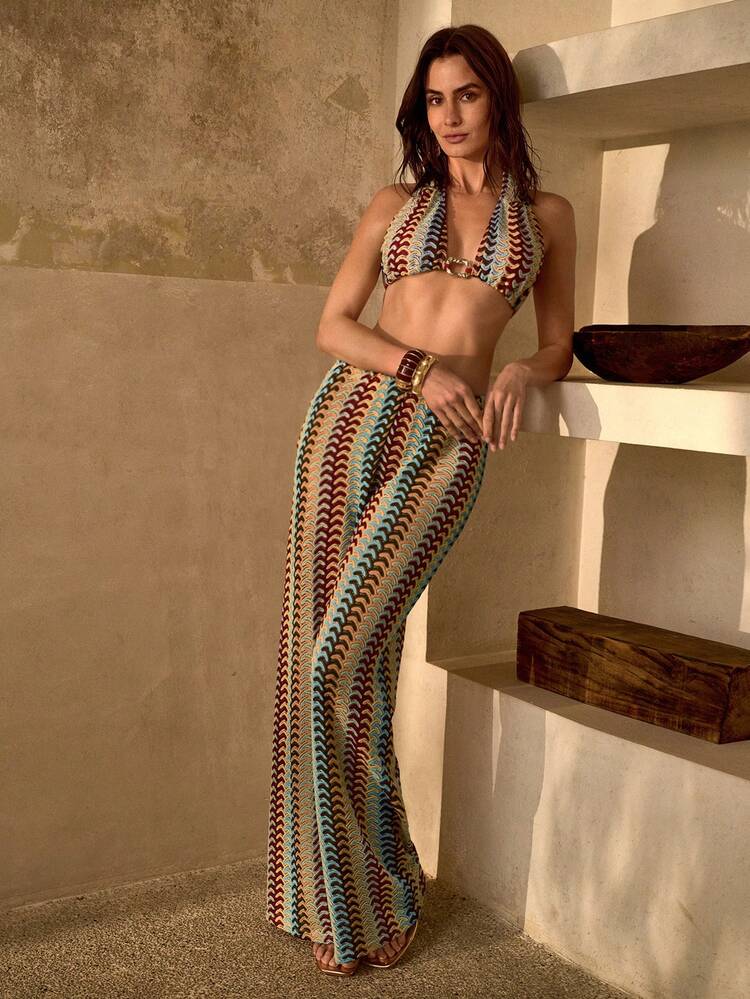 COLORFUL KNITTED JACQUARD LOOSE STRAIGHT WIDE LEG PANTS, RELAXED BOHEMIAN STYLE WOMEN BEACH COVER-UP TROUSERS