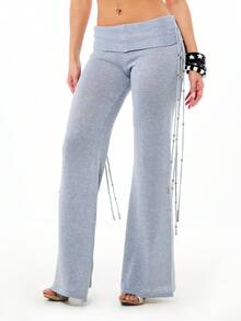 SUMWON WOMEN Women's Metallic Knit Wide Leg Palazzo Pants With Beaded Fringe Detail Low Rise Folded Waistband Flare Trousers Fall Winter - Silver - View 1