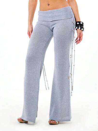 SUMWON WOMEN 女士金属针织阔腿裤，饰有串珠流苏，低腰翻折腰带喇叭裤，秋冬款
