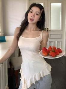 DAZY Asymmetrical Ruffle Hem Camisole Women Sleepwear Top - Beige - View 7