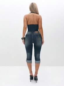Plus Size Cropped Denim Capri Jeans With Cuffed Hem High Rise Vintage Wash Medium Blue Denim Bottoms - Blue - View 2