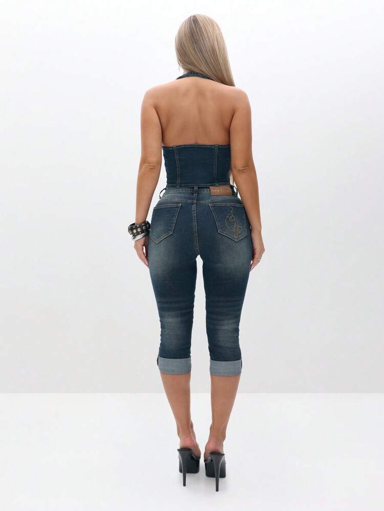 BABYPHAT Plus Size Cropped Denim Capri Jeans With Cuffed Hem High Rise Vintage Wash Medium Blue Denim Bottoms