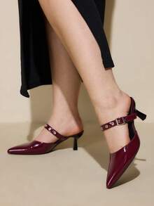 CUCCOO CURVES Women's Pointed Toe Buckle Design Everyday Versatile Fashion Wide Fit High Heels - Burgundy - View 5