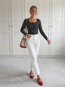 SHEIN LUNE Camiseta con estampado de rayas con botón - Negro - Ver 11