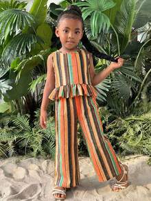 Young Girl Vacation Casual Fashion Halter Sleeveless Top And Straight Leg Pants Set - Coral Orange - View 5