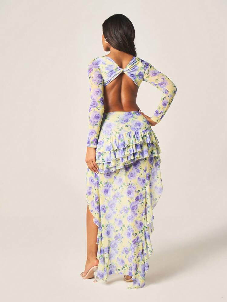 MISSGUIDED Women's Floral Print Long Sleeve Crop Top And Tiered Ruffle Mini Skirt Two Piece Matching Co Ord Set With V Neck And Asymmetric Hem Detail