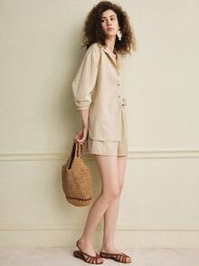 Écloséra Bộ đồ hai mảnh kẻ sọc kaki thường ngày dành cho nữ, gồm áo tay dài đến cổ tay có thể xắn lên và quần short ngắn có túi. - Màu Khaki - Xem 4