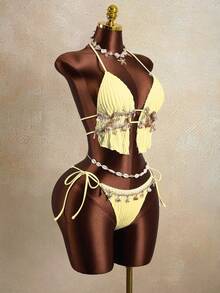 Zestiva Ensemble de bikini 2 pièces pour femmes avec Top à rayures ondulées et liens au cou, pour l'été - Jaune citron - Voir 6