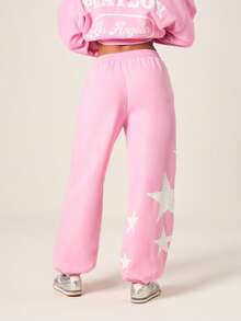 Missguided x Playboy Quần jogger nữ màu hồng in hình ngôi sao, ống rộng, có logo hình thỏ và họa tiết ngôi sao trắng, cạp chun co giãn và dây rút. - Hồng - Xem 3