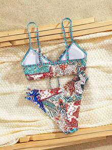 Sunnyshic 女士夏季海滩花卉印花系带性感比基尼套装，随机印花 - 彩色 - 查看 8
