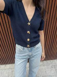 Maija Women's Metal Starfish Button Short Sleeve Casual Thin Cardigan - Navy Blue - View 2