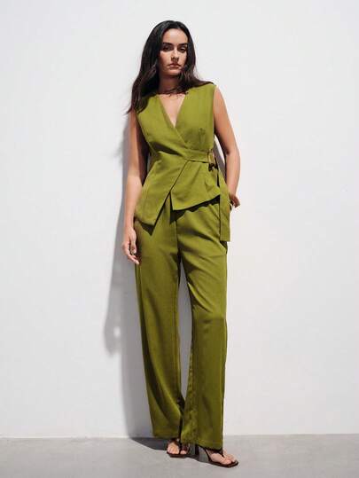 Aveloria Modichic New French European Style V-Neck Asymmetrical Hem Decorated Button Vest Top, High Waist Casual Straight Leg Pants, Versatile Women Suit Set