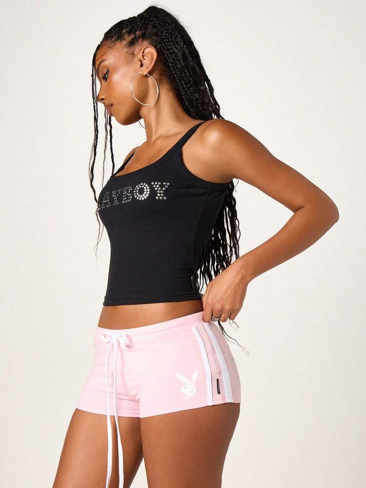 Missguided x Playboy Shorts Casuais Esportivos Femininos Rosa com Listras Laterais e Cordão, Decorados com Strass