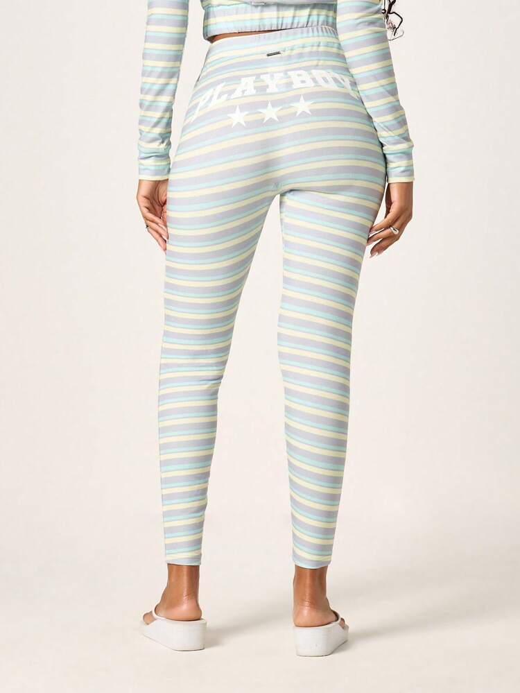 Missguided x Playboy Women's High Rise Striped Leggings With Star Print Detail Soft Jersey Knit Full Length Fitted Elastic Waistband Casual Everyday Activewear