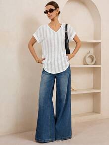 春夏时尚简约休闲白色针织纹理V领插肩短袖T恤 - 白色 - 查看 5