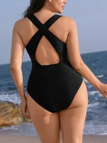 Swim SPRTY Plus Size Women Solid Color One-Piece Swimsuit, Sexy Criss-Cross Back, Suitable For Surfing, Beach, Vacation, Swimming, Water Sports - Black - View 1