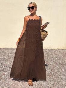 DAZY Abito a-line ampio con tessuto grinzoso e pizzo a contrasto, elegante abito lungo estivo da vacanza per le donne - Caffè Marrone - Visualizzare 3