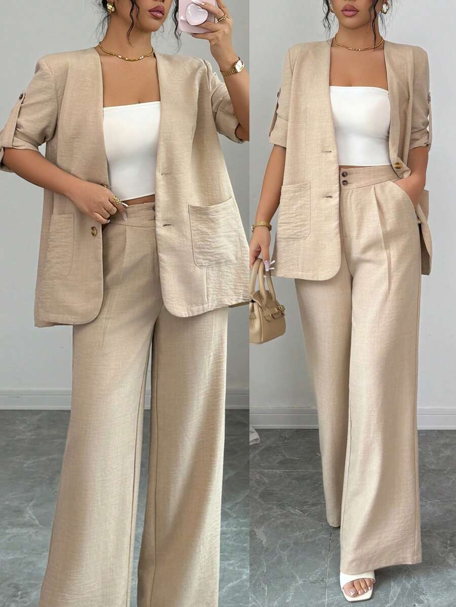 Modelyn Bộ đồ nữ 2 món: Áo cổ chữ V tay xắn và quần ống rộng túi xéo. - Màu Khaki - Xem 1
