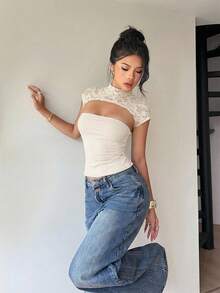 Siren Gaze Women's Lace Patchwork Hollow Out Blouse, Summer - Apricot - View 4