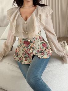 Feyla 女士V领荷叶边长袖时尚优雅修身衬衫 - 彩色 - 查看 3