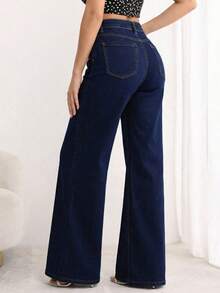 Jeans Amplios de Cintura Alta de Color Azul Oscuro para Mujer, Pantalones Simples y Retro - Azul lavado oscuro - Ver 5