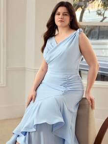 MOTF PREMIUM PLUS SIZE ELEGANT ROMANTIC RUFFLE HEM RUCHED DRESS - Blue - View 7