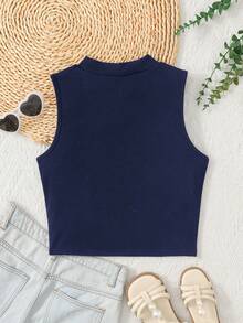 SHEIN Tween Girl Sommar Minimalistisk Enfärgad Ärmlös Linne - Marinblå - Visa 2