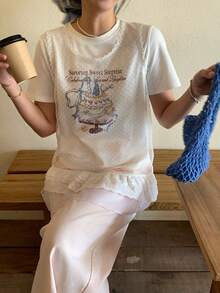 DAZY 女士圆领韩版卡通印花网纱荷叶边叠层两件套 - 白色 - 查看 6