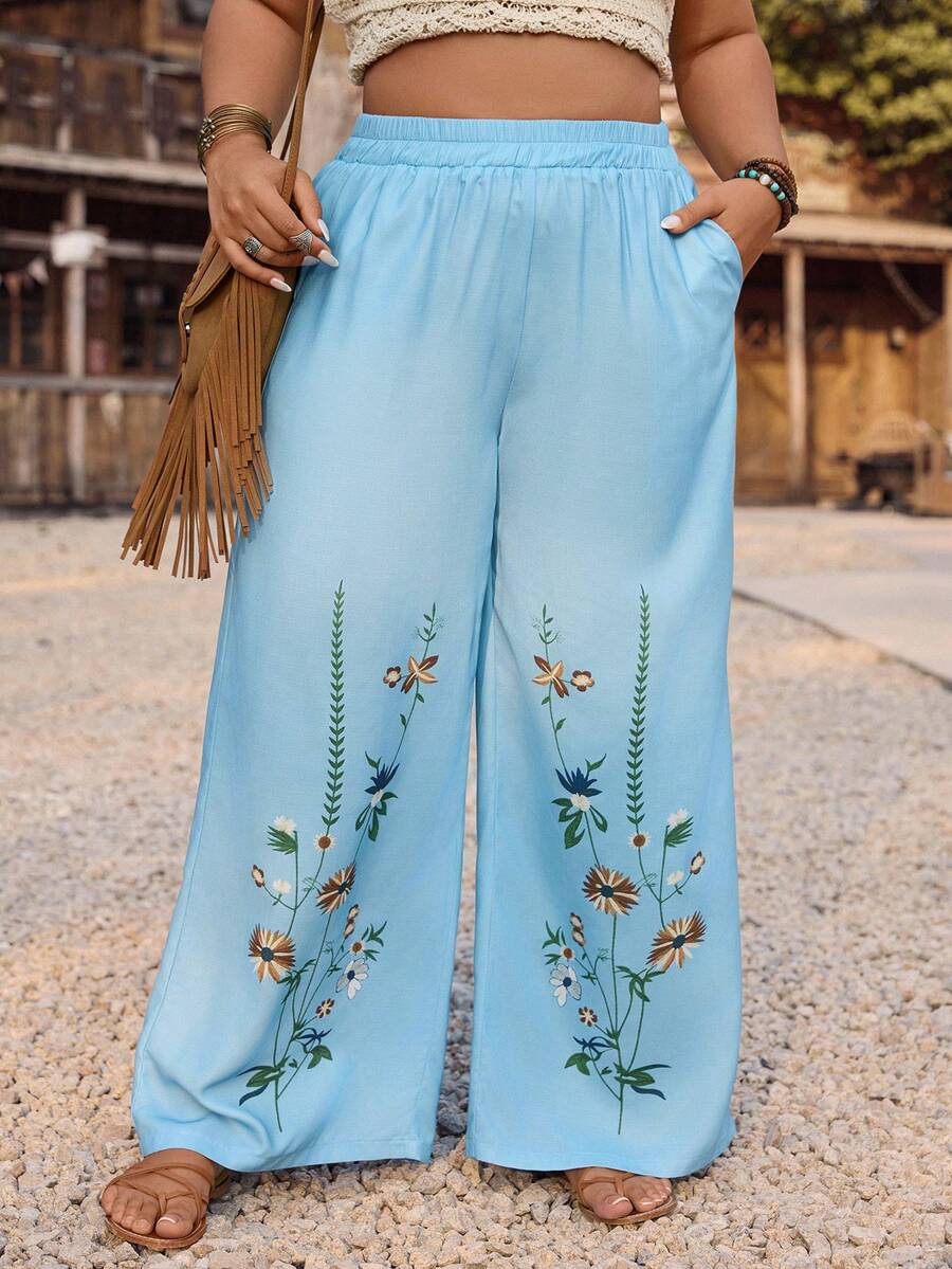 SHEIN LUNE Women's Blue Plus Size Straight Leg Pants Boho Style With Pockets And Long Floral Plant Print Design - Blue - View 1