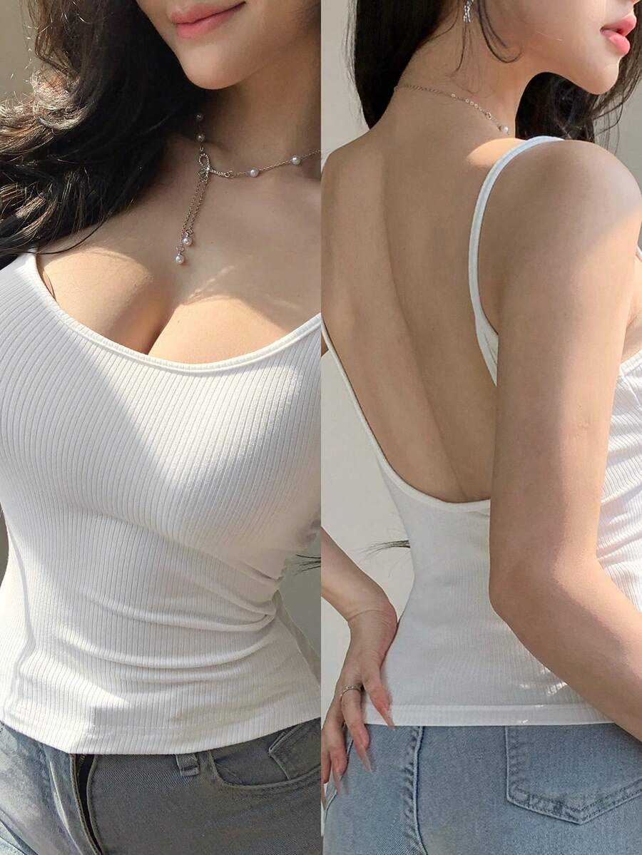 DAZY 女款極簡純色露背細肩帶背心夏季上衣 - 白色 - 查看 1